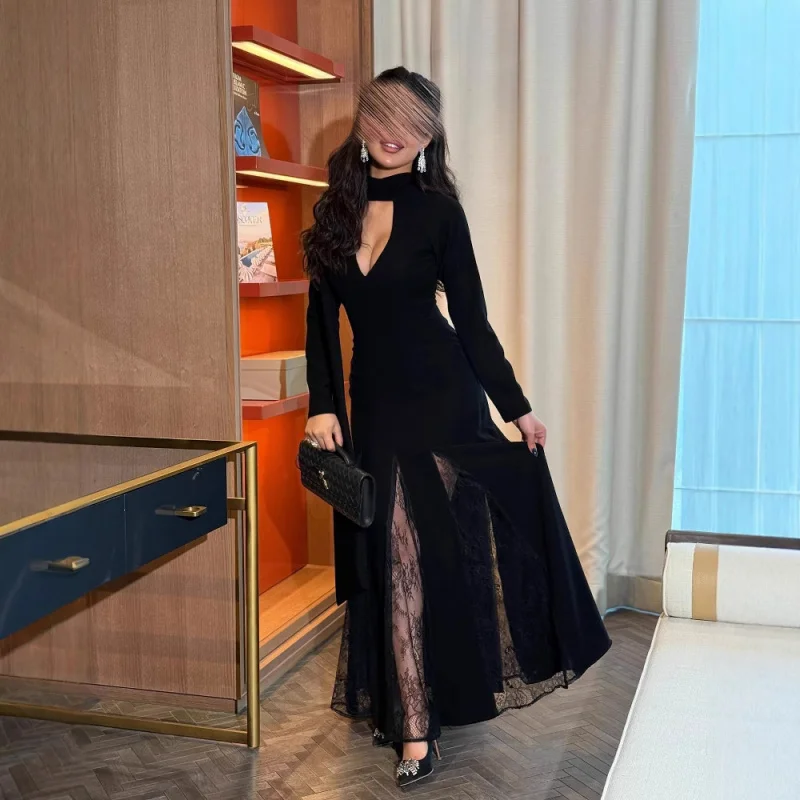

2025 Spring/Summer New European and American Foreign Trade Round Neck Splicing Lace Long Sleeve Slimming Style Retro Dress