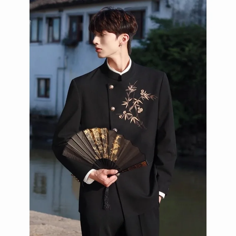 

Chinese-style Bamboo Stand-up Collar Casual Tang Suit Embroidered Blazer Men New Chinese-style Suit Set Individuality Men’s Wear