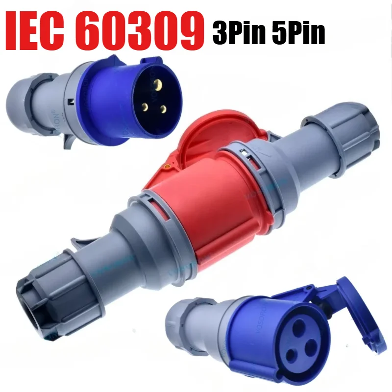 16A 32A IEC60309 Industrial Plug Socket 3Pin 5Pin Single Phase Three Phase Waterproof Male Female Connector Blue Red Marine Site