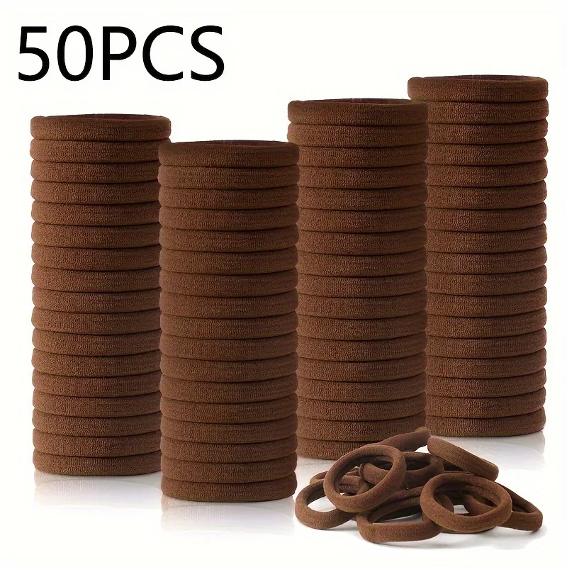 50/100/Pcs Women'S Coffee-Colored Hair Tie, Elastic Rubber Band, Thick And Heavy Curly Hair Without Damage