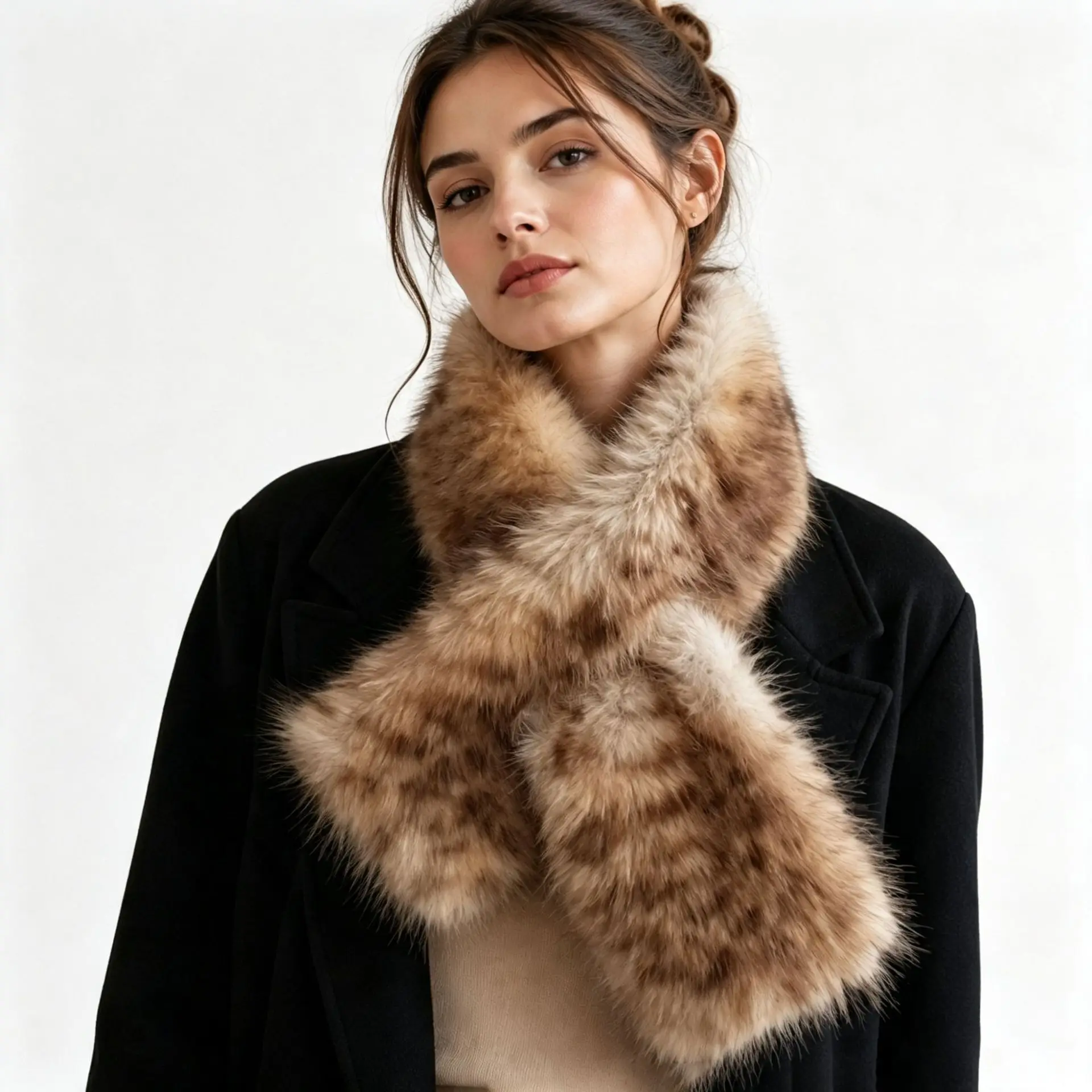 Winter Women Scarf Korean Faux Fox Fur Neck Warmer Leopard Print Double Sided Cross Warm Shawl Daily Outdoor Party