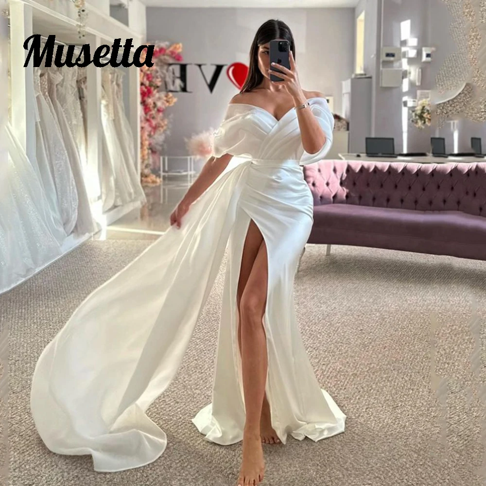 Musetta Simple Satin Wedding Dress Women Sexy Off The Shoulder V-Neck Ruched Bridal Gown Front Slit Sweep Trian 2024 Custom Made