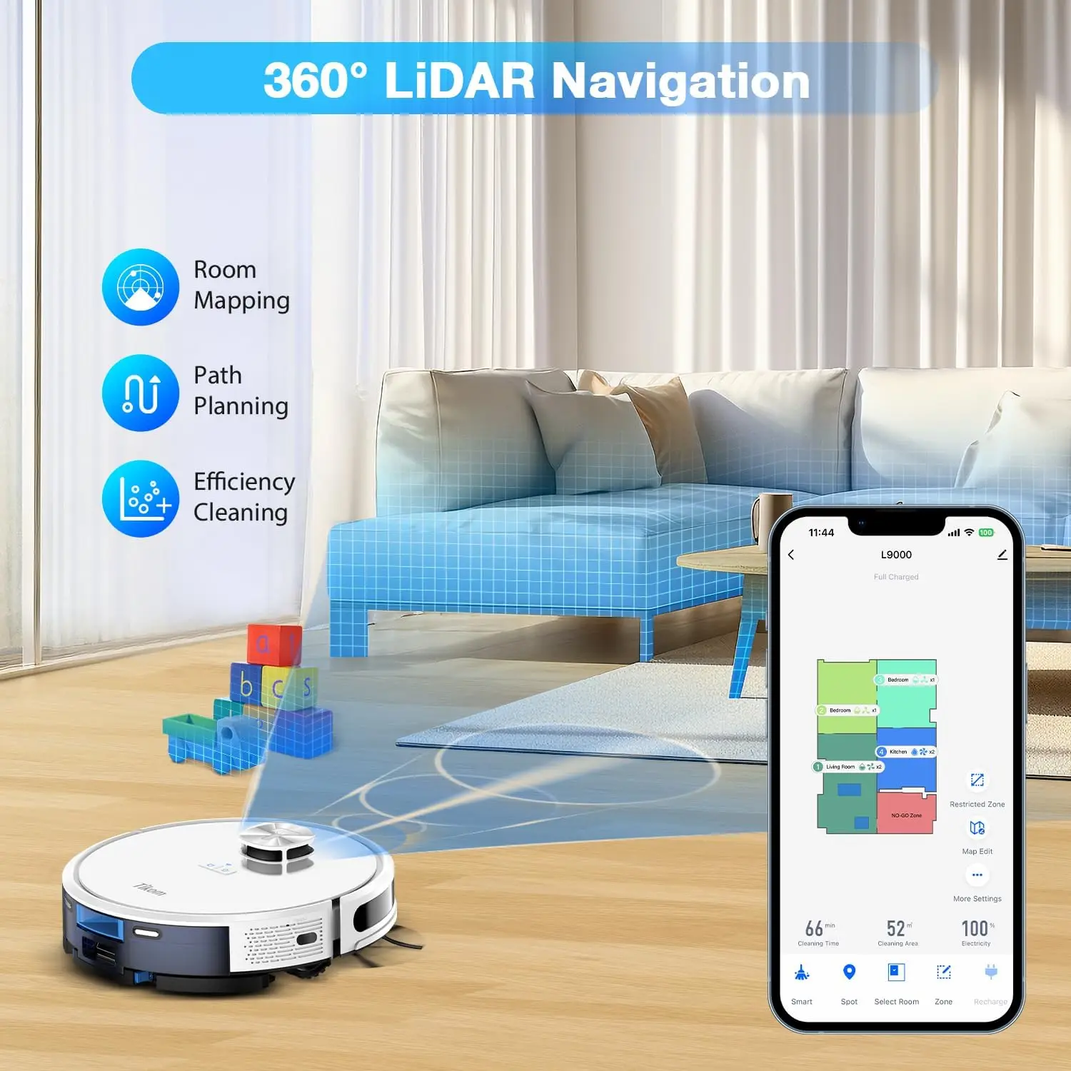 Tikom Robot Vacuum e Mop Combo, Navegação LiDAR, Aspirador robótico L9000, Sucção 4000Pa Boa para cabelo e tapete de estimação