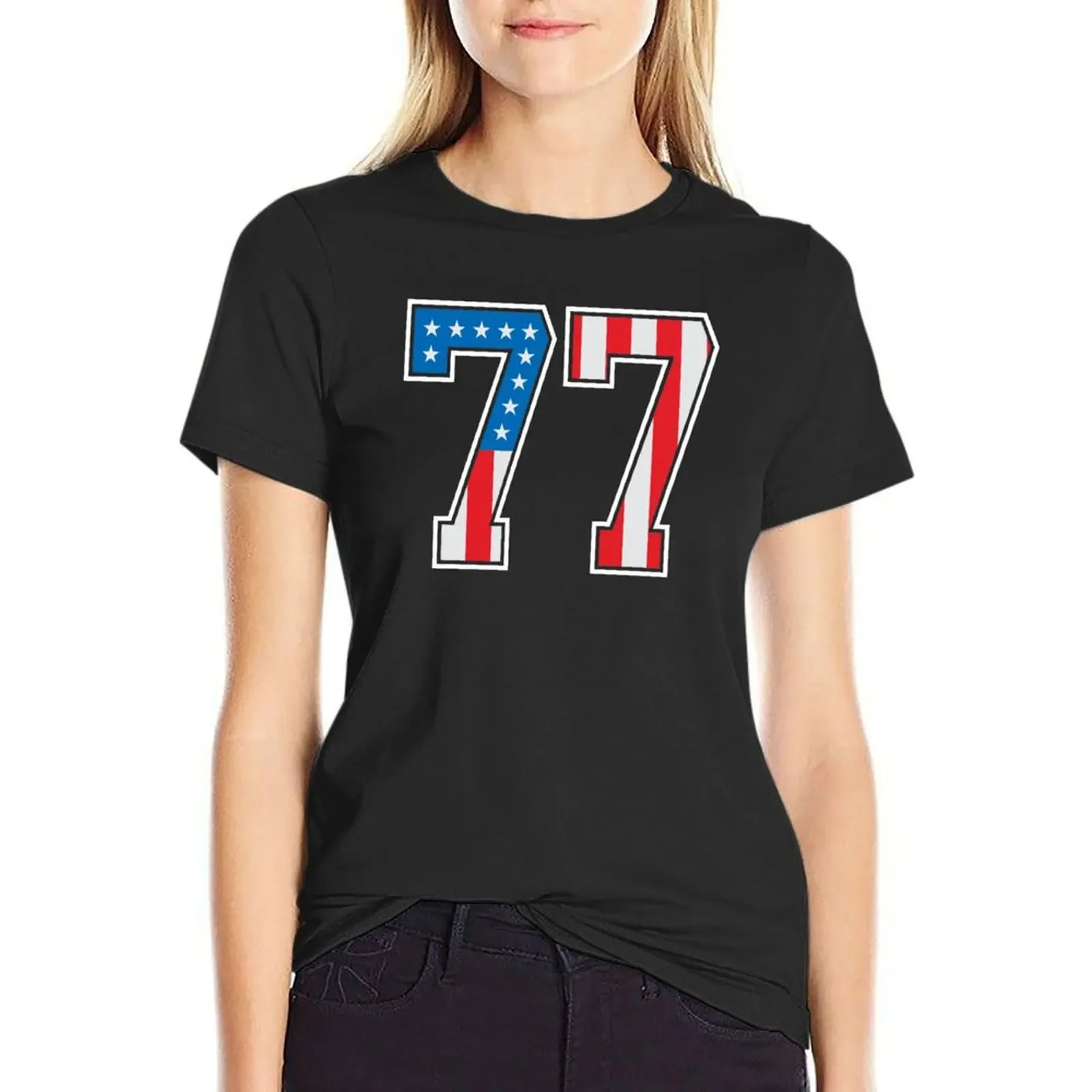 

77 American Lucky Number Seventy-seven United States Flag T-Shirt korean fashion hippie clothes cute t-shirts for Women