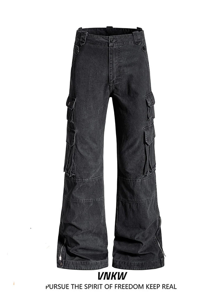 American High Street Vibe Loose Straight Casual Long Jeans Men Women Heavy Design Sense Micro Flare Denim Pants Multi Pocket