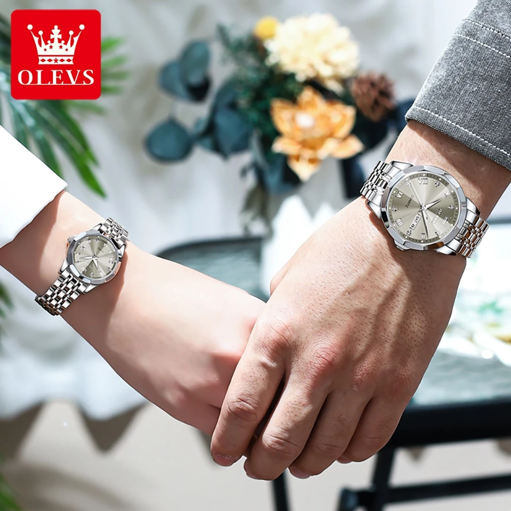 OLEVS-Montre à quartz pour couple, surface miroir prismatique, échelle de diamant romain, marque de mode, originale, amoureux, homme et femme