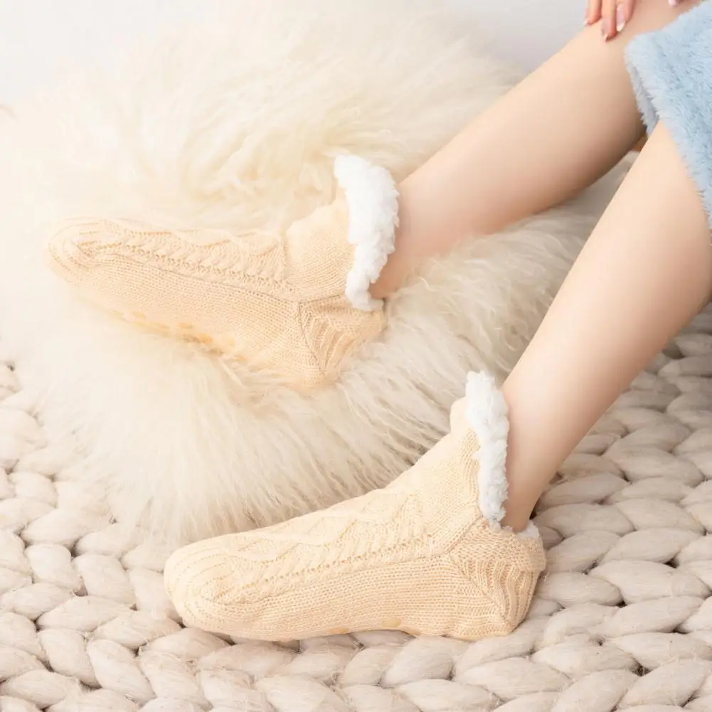 Soft Foot Covers Cozy Winter Floor Socks with Plush Knitted Heat Retention Anti-slip Silicone Sole V-shaped Ribs for Warmth