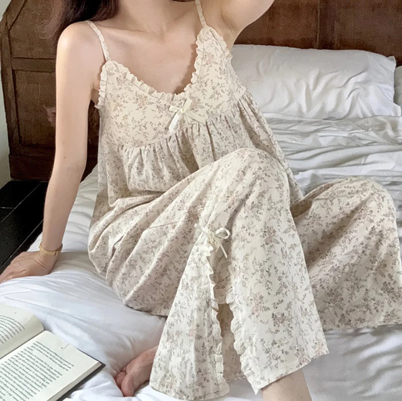 Korean Sweet Bow Lace Double Layer Yarn Fragrant Strap Comfortable Belt Bra Chest Mat Home Clothes Pajama Set