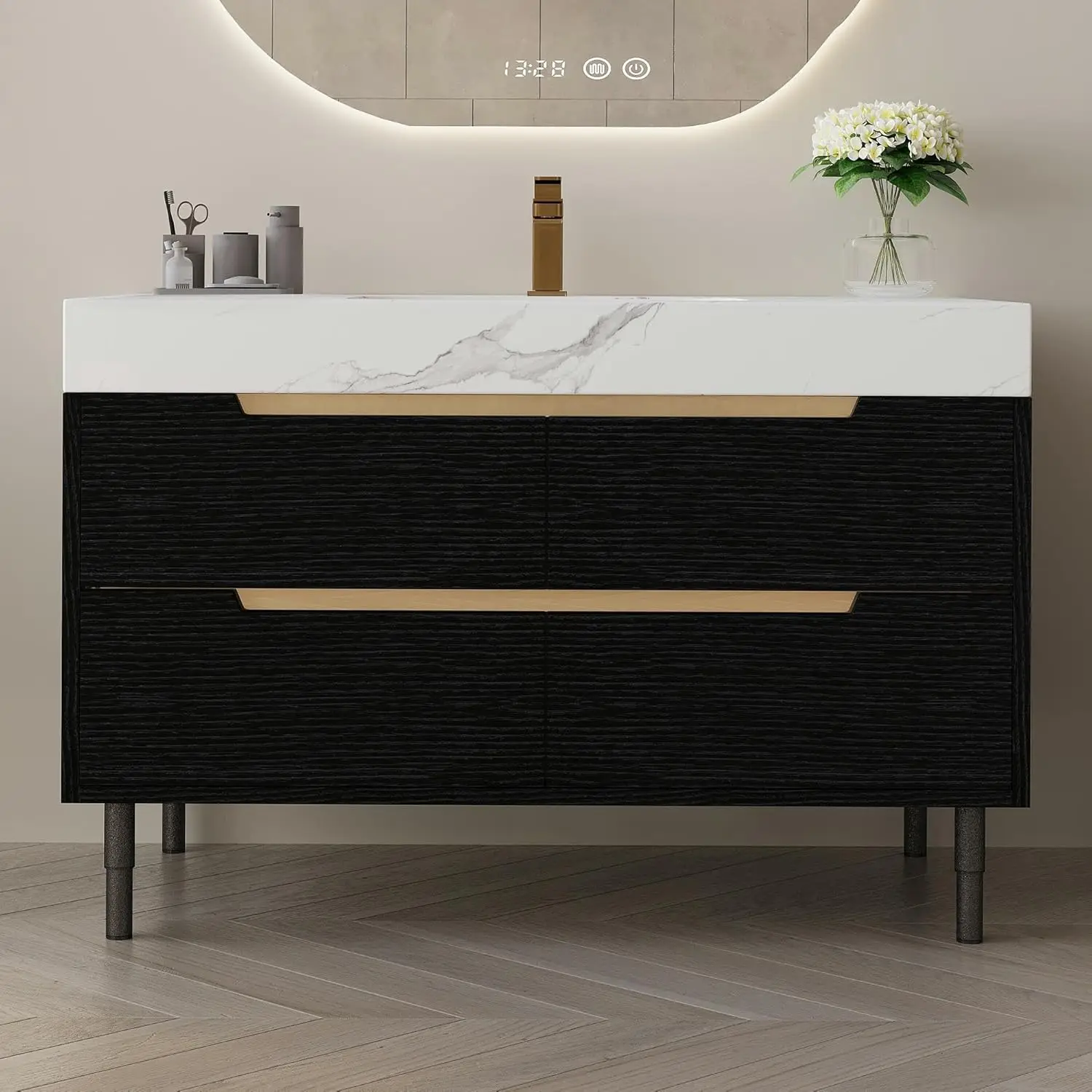 36" Modern Bathroom Vanity with Ceramic Sink – Sintered Stone Top, 4 Soft-Close Drawers, Sturdy Solid Wood Cabinet,, Customized