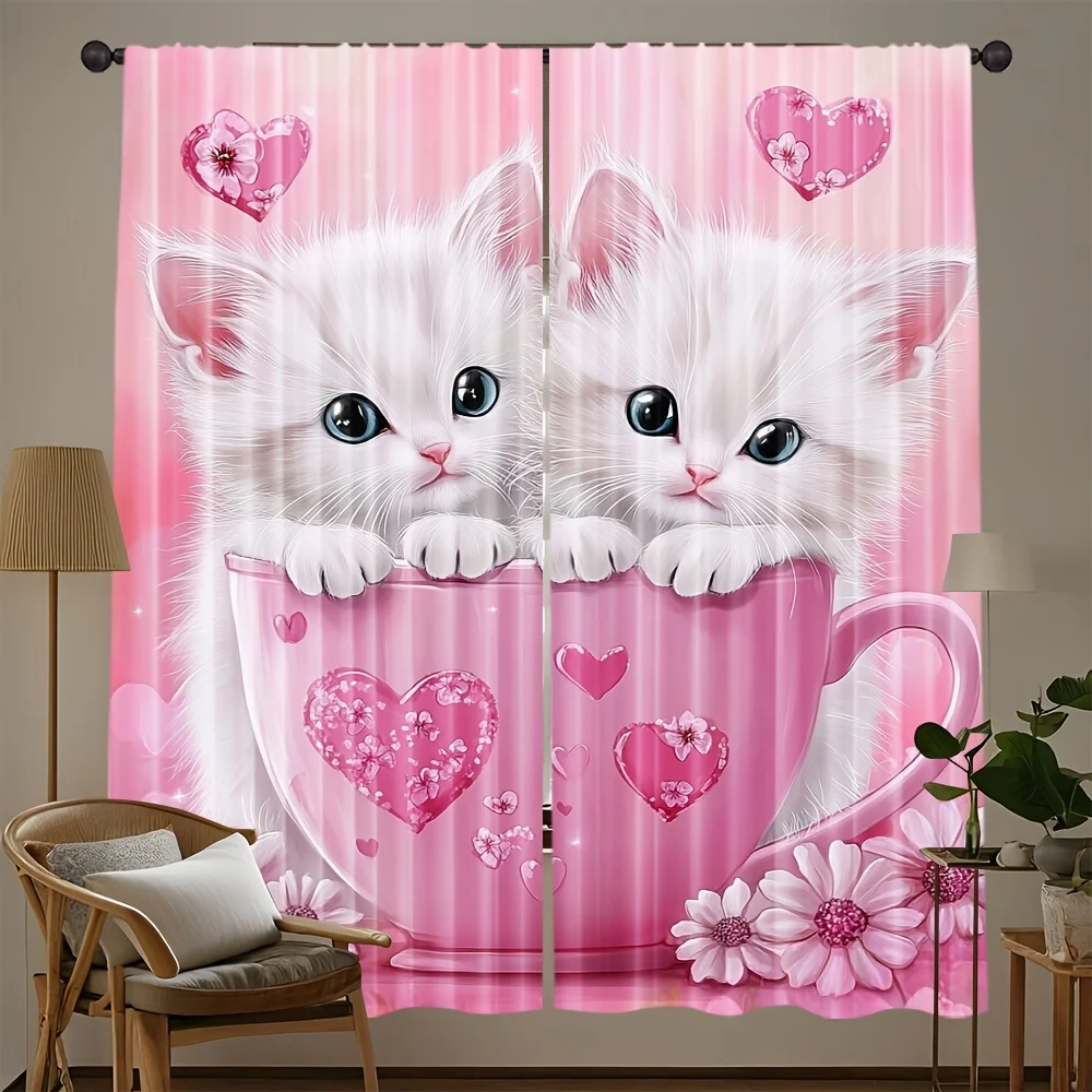 Cute White Kittens in Pink Teacup Curtains Hearts and Flowers Print Sweet Style Window Drapes for Girls Bedroom Kids Room