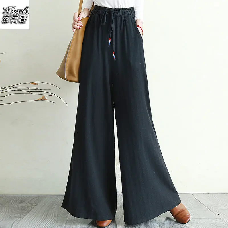 Retro Literary Pure Cotton Wide-leg Pants Spring and Summer New Versatile Drawstring Elastic Waist Loose Slim Casual Trousers