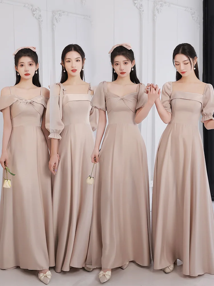 Khaki Satin Bridesmaid Dress New Spring Autumn Temperament Host Evening Dress Women's Length Style Fit Slim Dresses