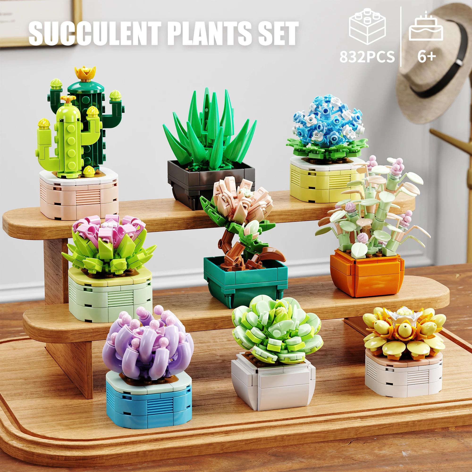 

832PCS Succulent Plant Potted Building Block Flower Model Puzzle Toys Sets Desk Decor New Year Christmas Birthday Gifts