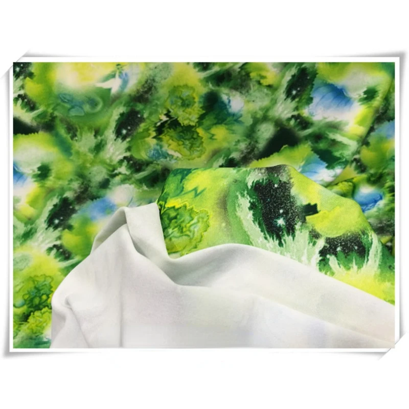 Milk Silk Printed Fabric with Green Blue and Floral Fragments That Are Not Transparent  Elasticity Performance Clothing Fabric