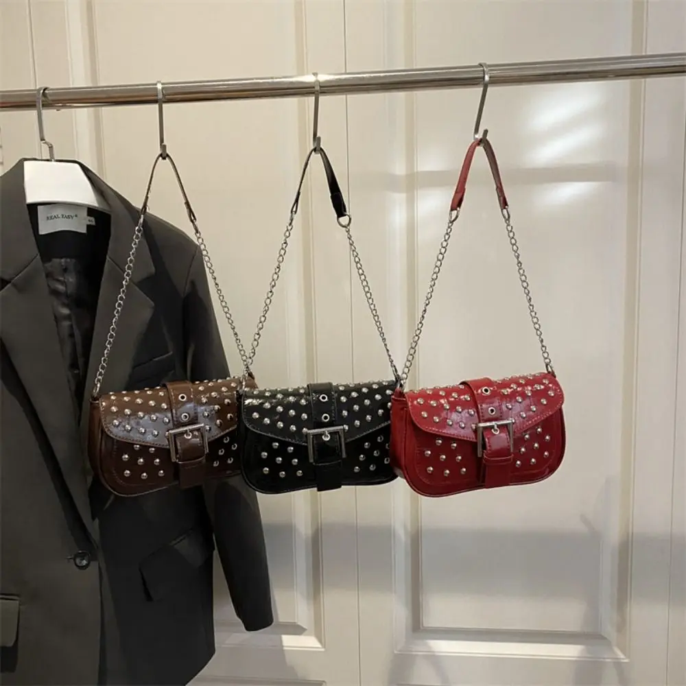 

Punk Y2K Rivet Shoulder Bag Pu Leather Retro Motorcycle Bag Spicy Girl Handbag Vintage Underarm Bag Girls