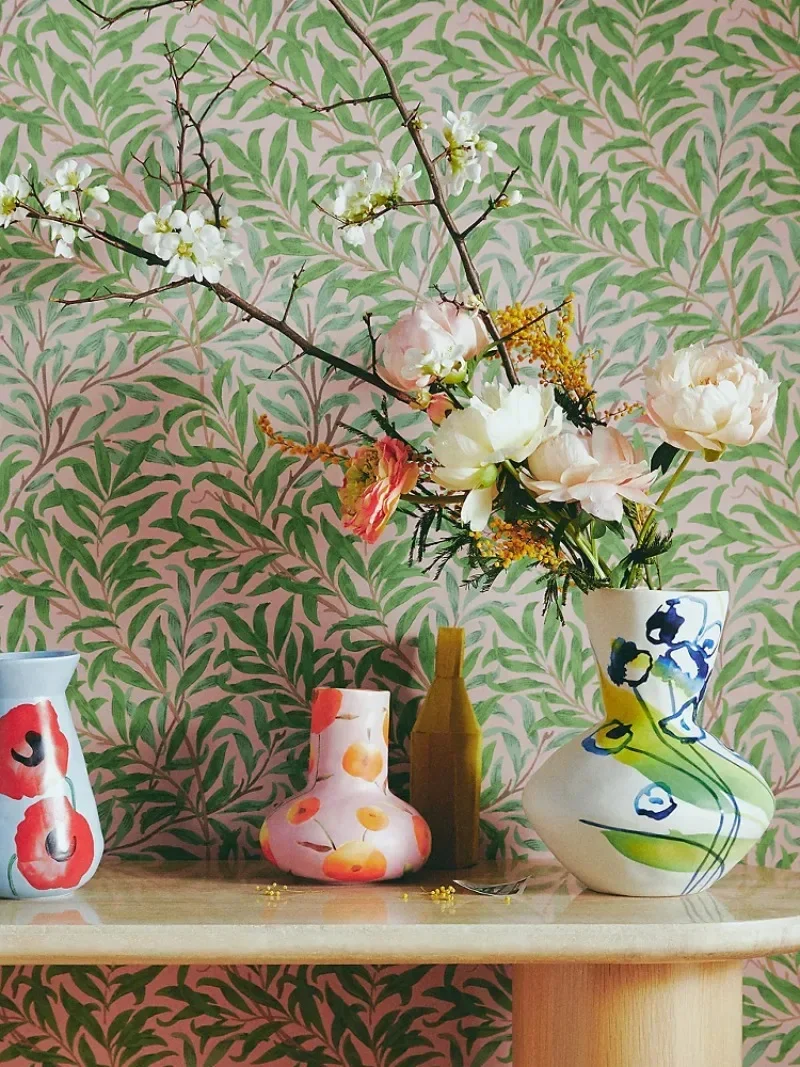 Simple and beautiful retro wall wallpaper, neoclassical willow leaf living room bedroom entrance background wall