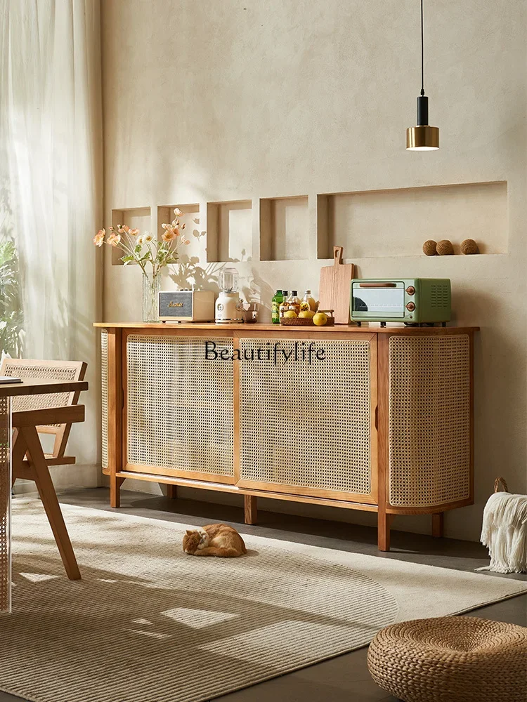 

FG44Nordic Living Room Wall Solid Wood Locker Living Room Home White Wax Rattan Woven Multifunctional Storage Sideboard Cabinet