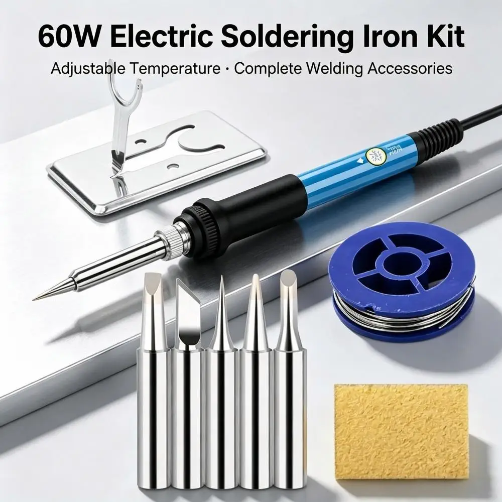 60W Electric Soldering Iron Kit, with 5 Replaceable Solder Tips + Desoldering Pump + Tin‑Wire,Portable DIY Hand Welding Tools