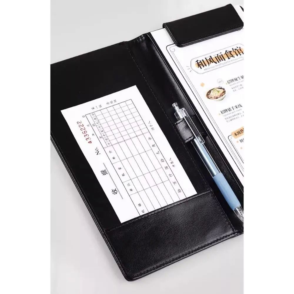 

PU Leather A6 File Folder With Pen Insert Storage Slot Business Meeting Contract Clamp Waterproof Writing Pad Restaurant