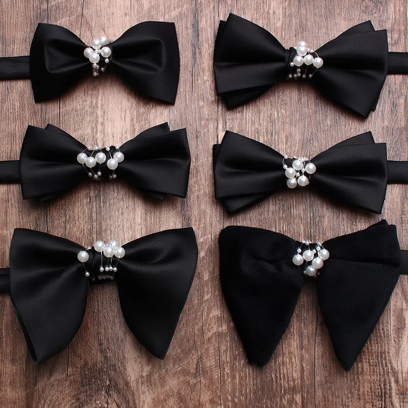 Black Men's Groom Wedding Dress Wedding Shoot Personality Fashion Pearl Accessories Bow Tie