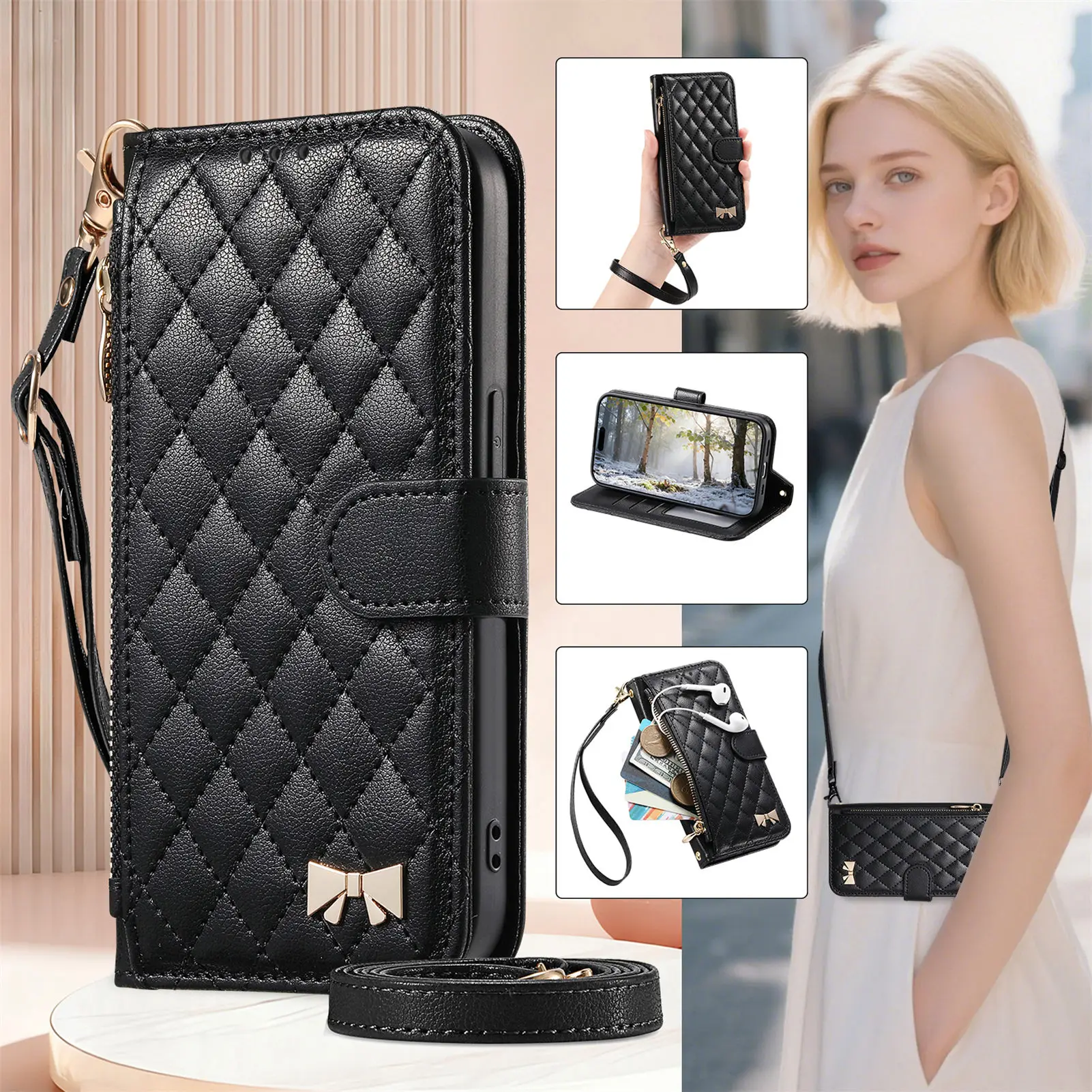 PU Leather Zipper Crossbody Wrist Strap Flip Wallet Phone Case For Samsung Galaxy S26 S25 Plus S24 FE S23 Ultra S22 A57 Cover view 3