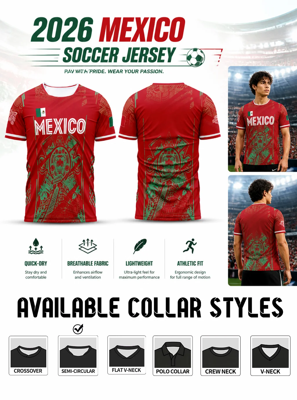 Bright‑red Mexico soccer jersey covered with vintage Aztec totems, white‑trimmed cuffs and shoulder flag badge