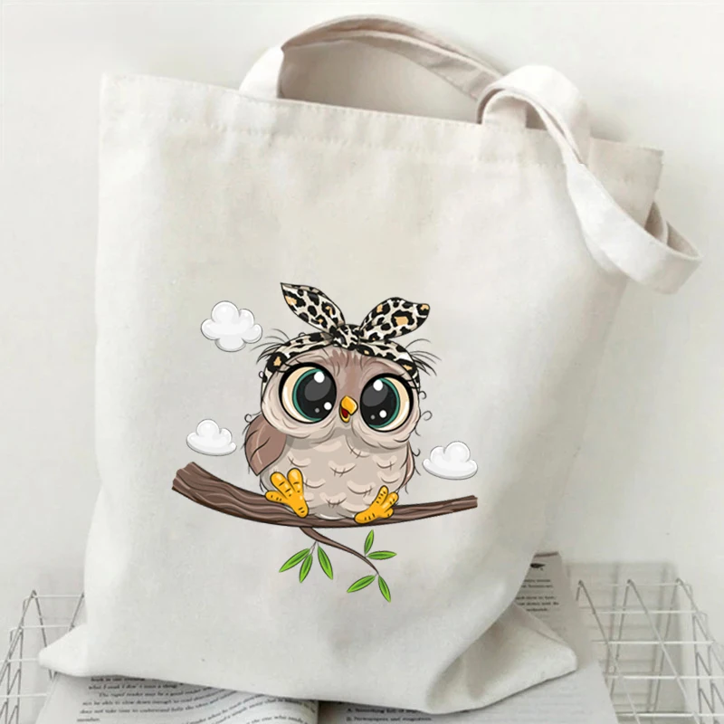 Bolsas de lona estampadas pintadas à mão para mulheres, coruja dos desenhos animados, bolsa floral para meninas, livros e livros, bolsas elegantes para senhoras, sacolas de compras