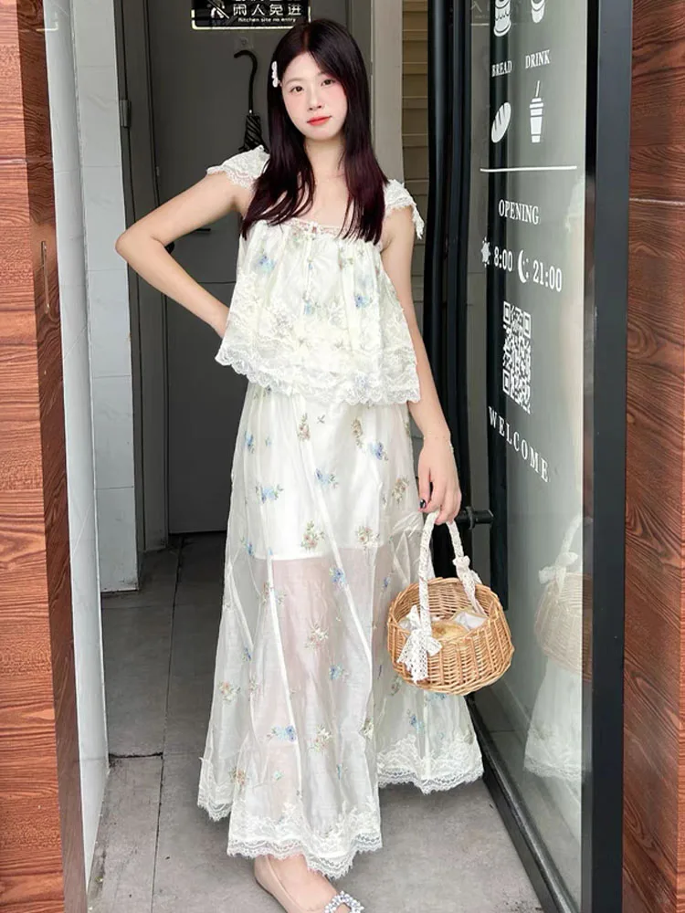 

HH Women 2026 Summer Fashion Lace Embroidered Flower Suspender Short Sleeveless Top+High Waist Temperament Sexy Long Skirt Set