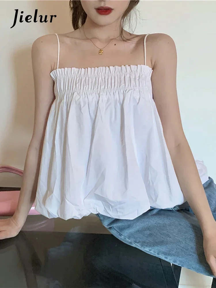 

Jielur Pleated Loose Sexy Summer Female Camis Solid Color Slash Neck Women's Tanks Blue White Black Casual Fashion Women Camis