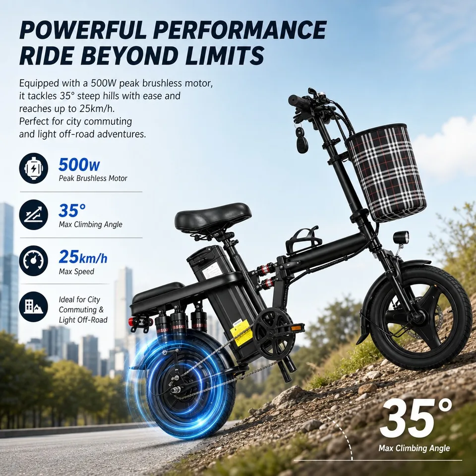 Adult Electric Bicycle 8 Shock Absorbers 14" Tires 500W 48V 15Ah Foldable E-Bike Smooth Ride Commuter Folding Ebike Scooter image 6