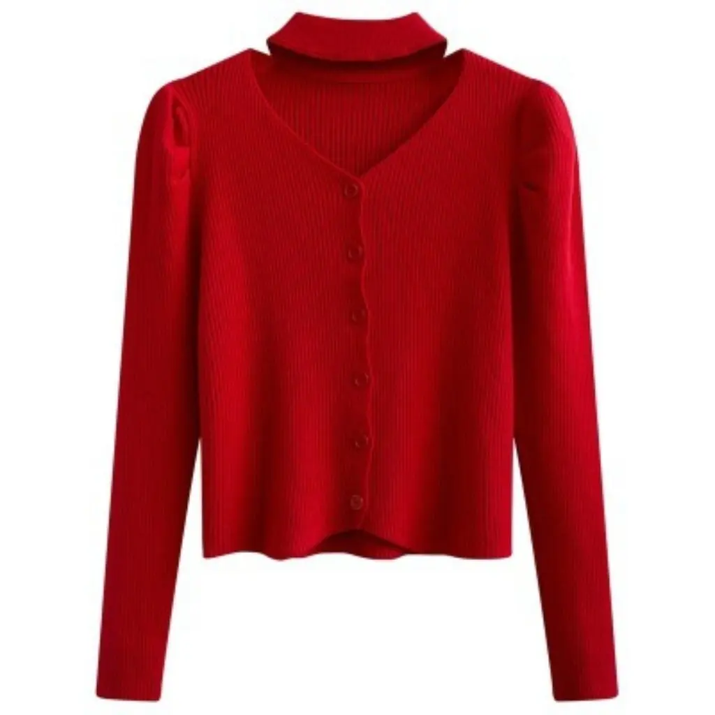 가을 겨울 레드 긴팔 브이넥 니트웨어 슬림 핏 홀터 탑 패셔너블한 이너웨어 스타일 여성 패션