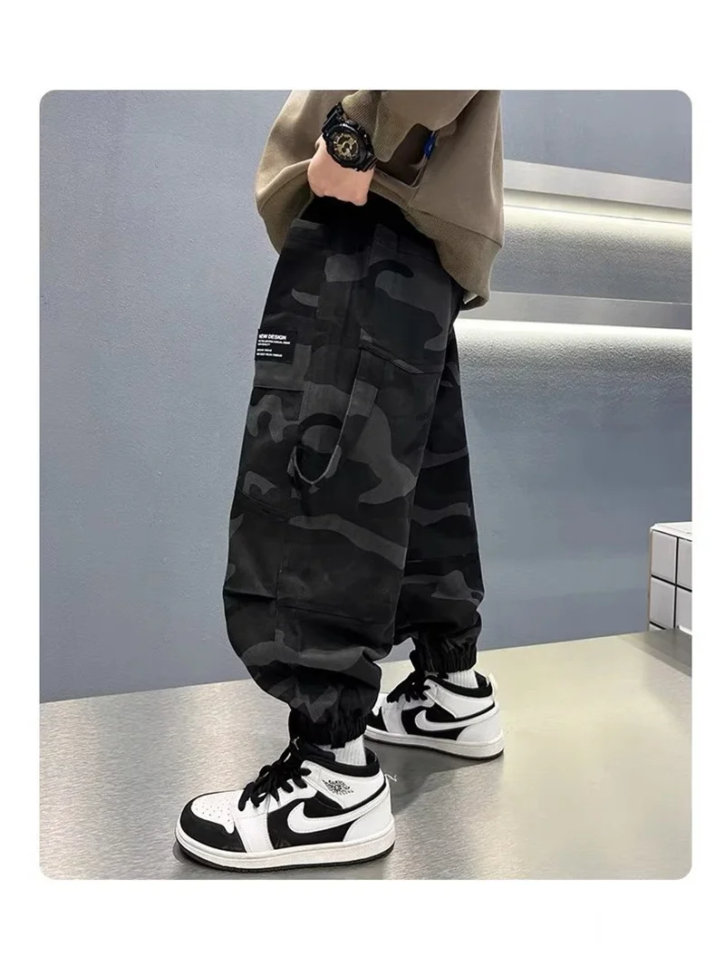 Boys Casual Cargo Pants Spring Autumn Big Kids Sport Long Pants Teenage Streetwear Baggy Trousers Children Fashion Joggers Pants