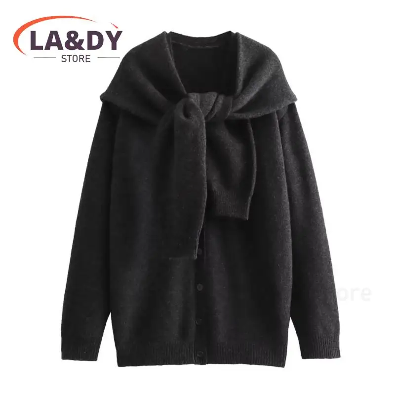 Women Gray Cardigan 2024 New Winter V-Neck Loose Long Sleeve Female Knitted Jacket Tops