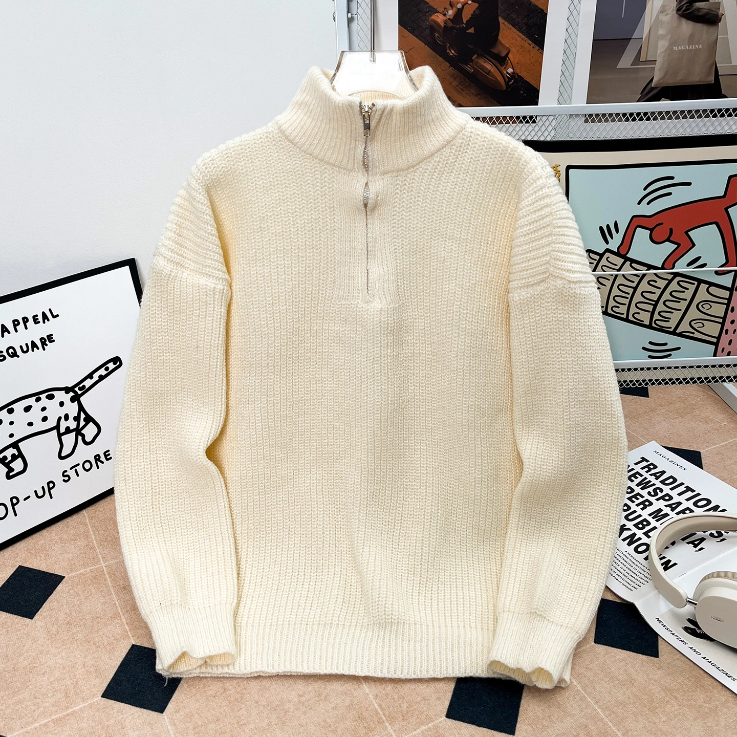 

Casual Japanese Sle Knitted Sweater Men's American Lazy f Zip High Collar Color Warm Knitted Outerwear Autumn Winter