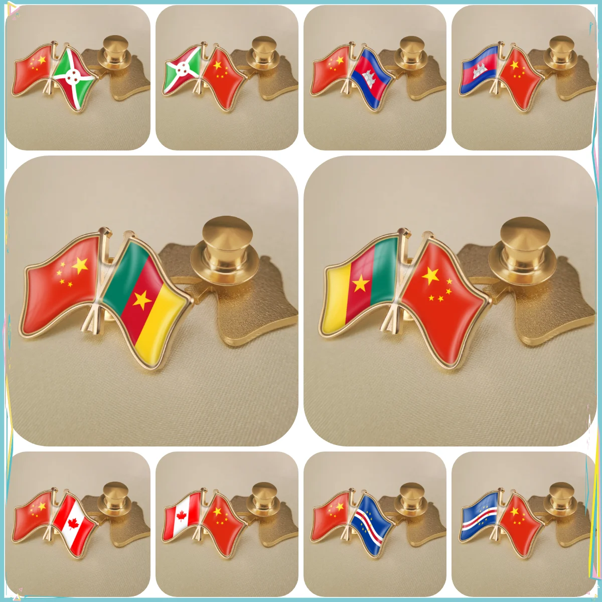 China and Burundi Cambodia Cameroon Canada Cape Verde Crossed Double Friendship Flags Lapel Pins Brooch Badges