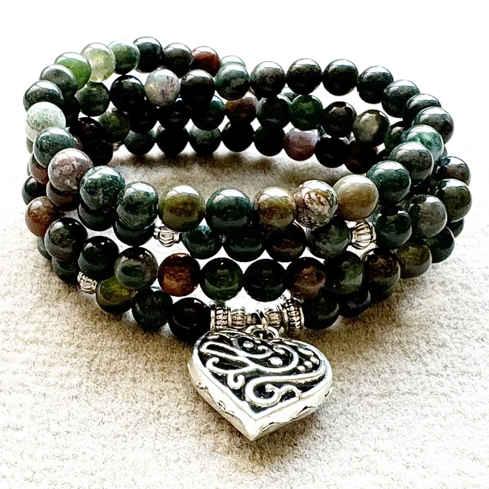 MG2310 6 MM Indian Agate Heart Charm 108 Mala Bracelet Womens Natural Gemstone Handmade Yoga Wrist Balance Jewelry