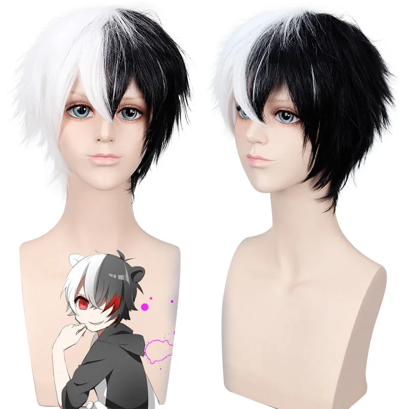 Synthetic Cosplay Wig Gradient Two-Tone Black White Fox-Inspired Spiky Wolf Cut Scalp Top Anime Costume Fiber Hair