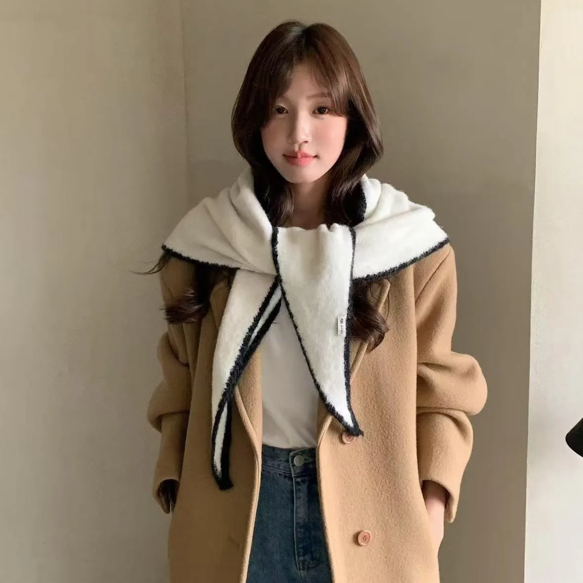 

Треугольный шарф из смеси шерсти в корейском стиле, теплая вязаная шаль, мягкая роскошная накидка для женщин