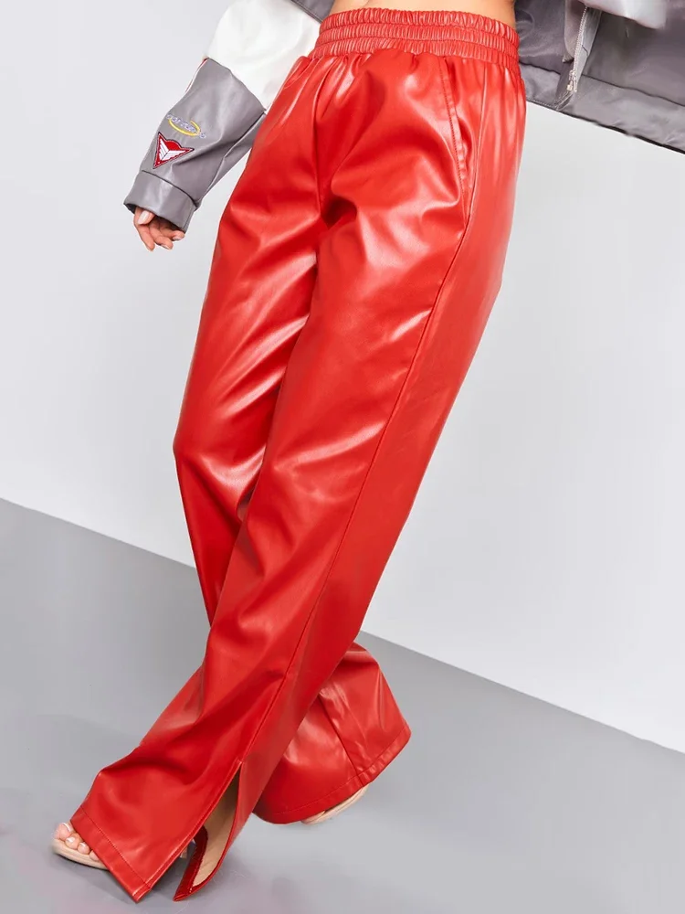 Women Red Matte Faux Leather Hem Split Pants Ladies High Waist Elastic Waistband PU Wide Leg Trousers Loose Casual New Custom