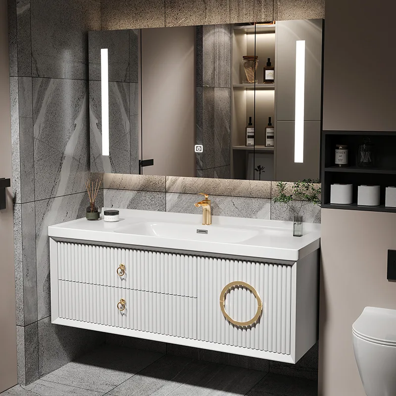 Ceramic Integrated Basin, Bathroom Cabinet, Combined Oak, Bathroom Smart Washbasin