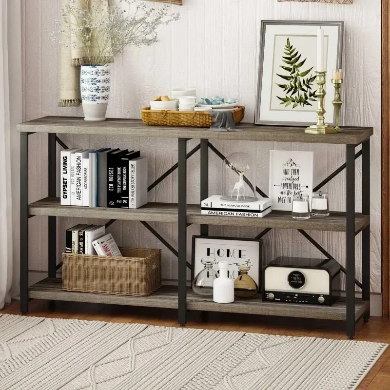 Rustic Console Table Behind Sofa, 3 Tier Long Bookshelf for Entry (55 Inch, Dark Grey Oak),13.39 