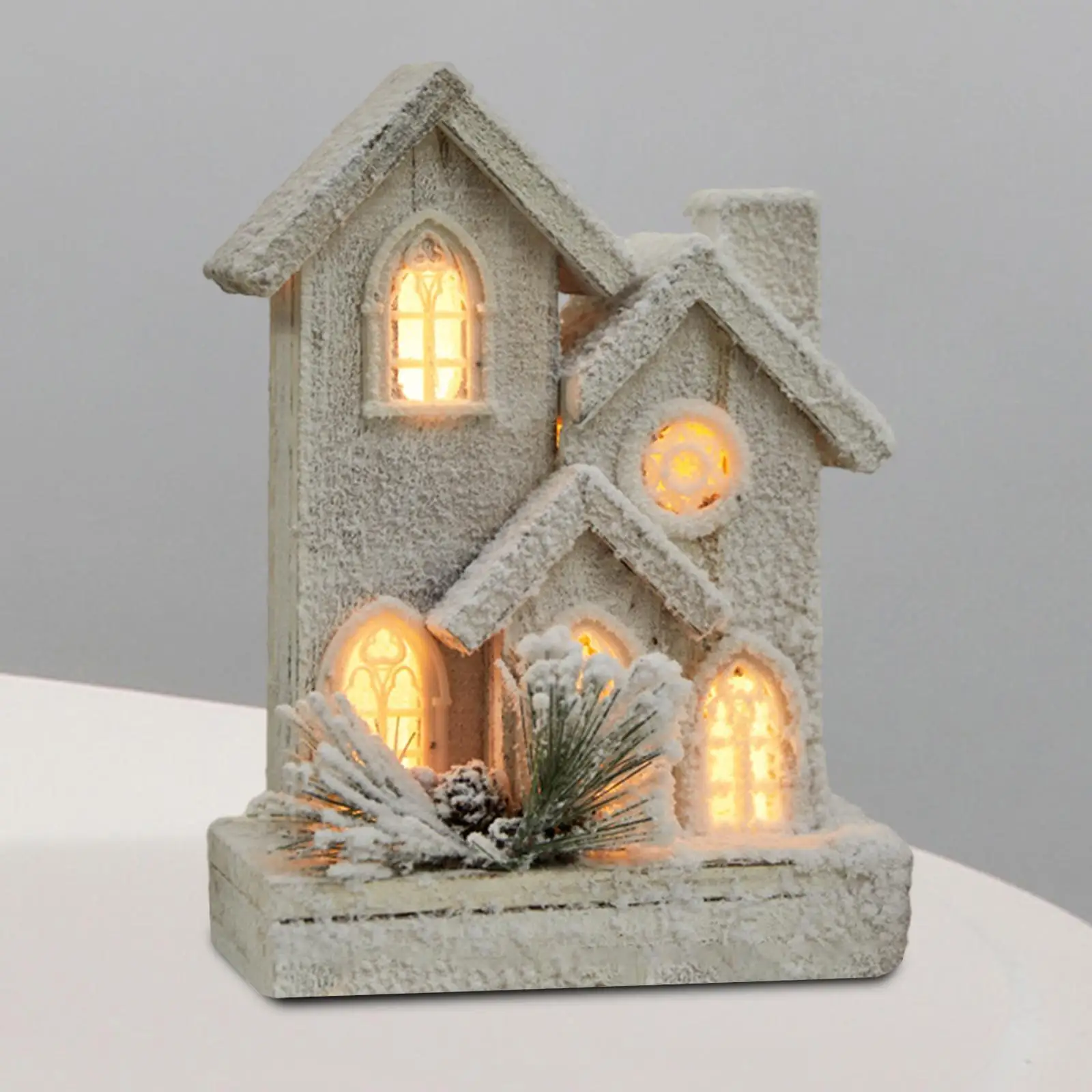 Christmas Snow House Statue Mini Glowing Log Cabin for Party Indoor Desktop