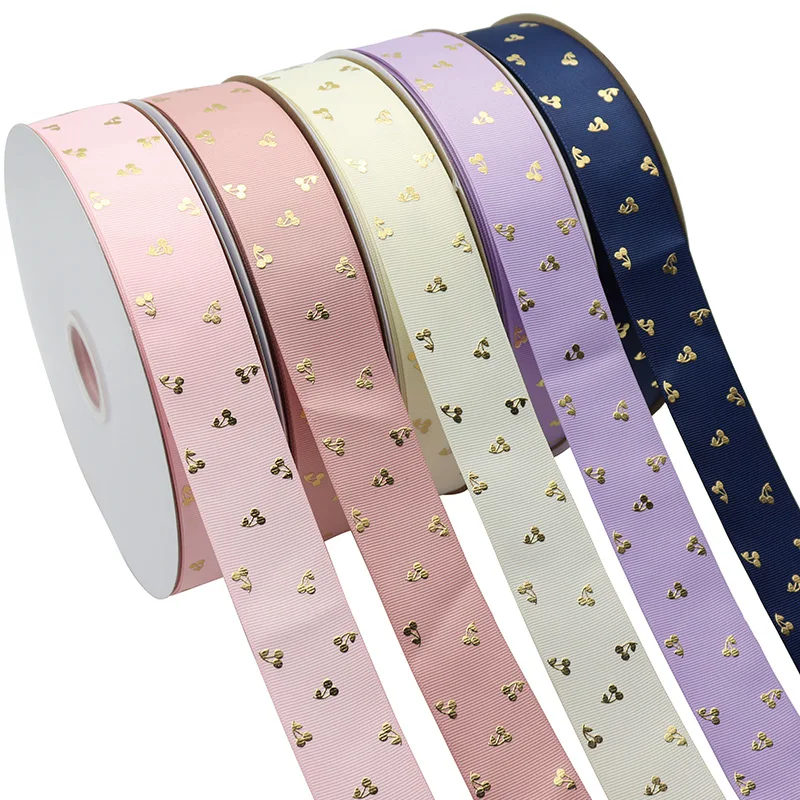 

10Yards/Lot 38mm Gold Foil Cherry Printed Grosgrain Ribbon For Gift Packing Decoration