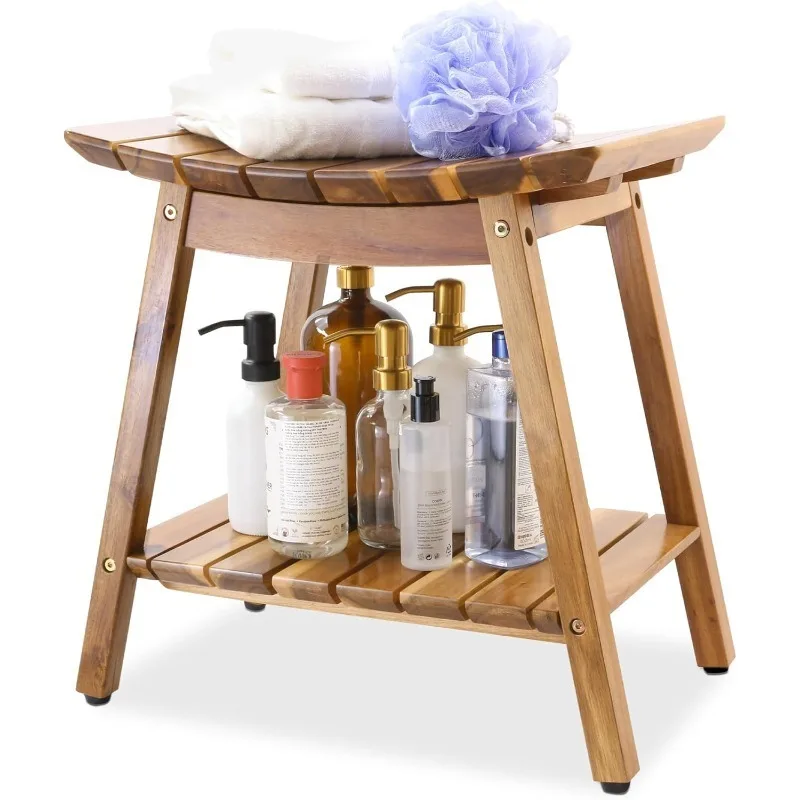 Acacia Shower Stool Bench for Inside Shower to sit on, 18 Inches Shower Chair with Shelf for Shaving Legs, Spa, Bath Seat