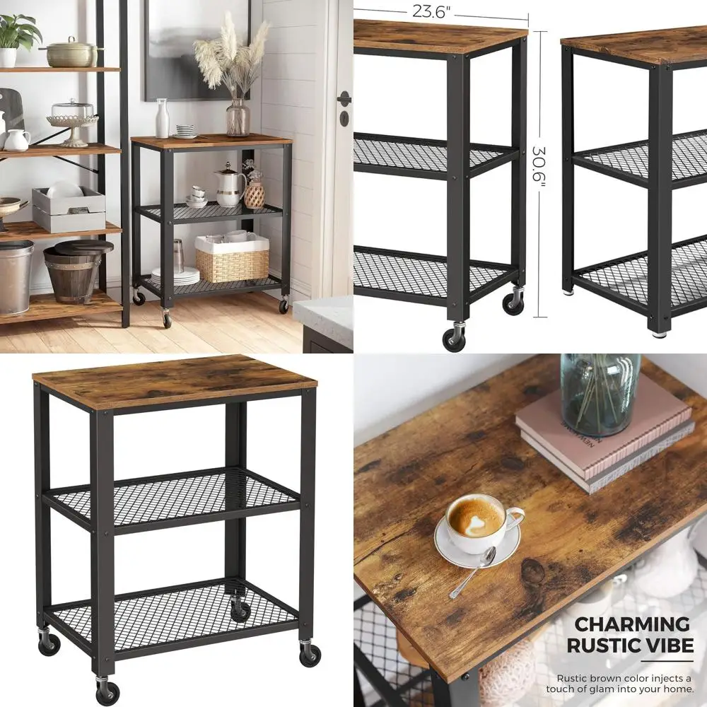 3-Tier Utility Cart with Wheels, Kitchen Storage, Living Room Accent, Steel Frame, Rustic Brown & Ink Black