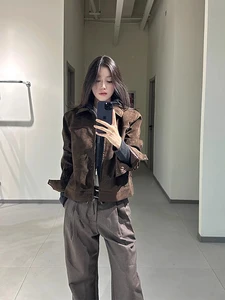 Barn Sle Suede ort Workwear Jaet ex Stand Collar Retro American Baseball Coat Zipper Closure Loose Fit Outerwear