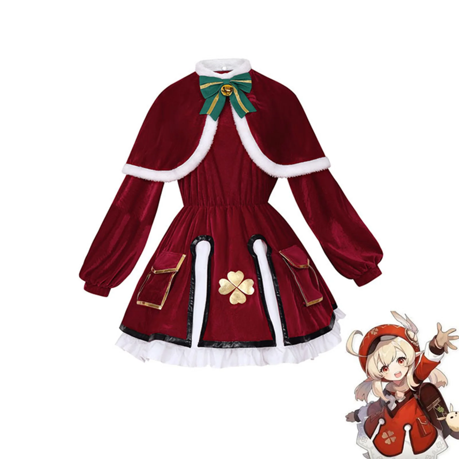 

Klee Christmas Cosplay Costume Lolita Uniform Wigs Hat Ears Full Set Santa Claus Dress Halloween Xmas Party Costumes