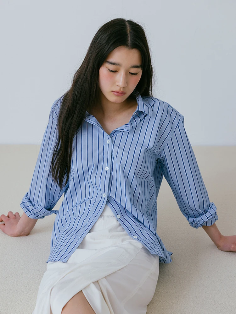 

Slim Fit 30 Vertical Stripes Women's Shirt Spring Summer New Korean Style Youthful Personality Polyester Cotton Blend Long Sl...