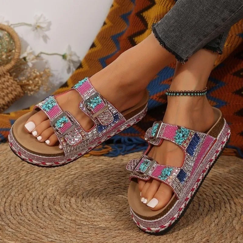 Metal Buckle Soft Sole Flip-flops Women's Outer Summer New Fashion and Versatile Rhinestone Wedge Non-slip Cool Slippers view 3