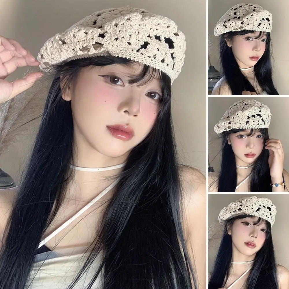 

Breathable Hollowed Out Knitted Hat Flowers Summer Beret Cap Fashion Casual Artist Cap for Women